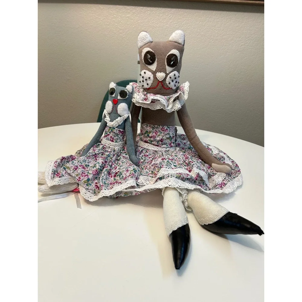 Handmade Folk Art Cat Doll Set Mother and Kitten Floral Lace Tiered Dress Felt